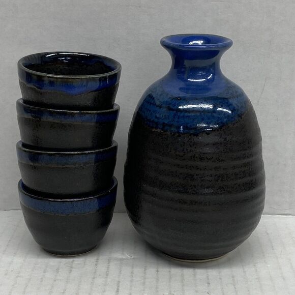 Set of 5 Japanese Sake Set Blue & Black Stoneware Pottery - Picture 2 of 10